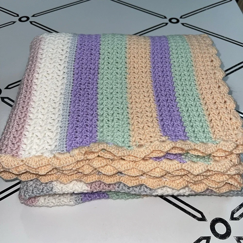 Handmade Crochet Baby Blanket Afghan Green Peach Purple Pnk Blue White 51